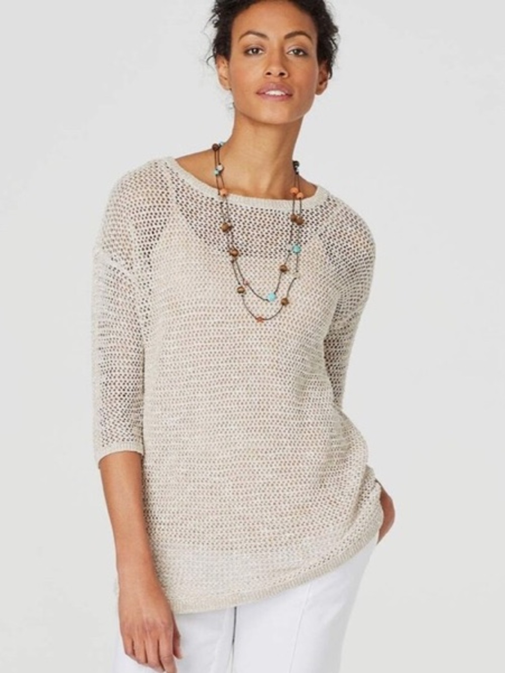 J. Jill Linen/Cotton Blend White Open Knit Beachy Coastal Tunic Top Size S